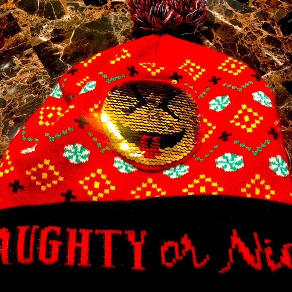 Naughty or Nice Reverse Sequin Smiley Emoji Holiday Beanie Pom Pom Hat One Size - Picture 1 of 16